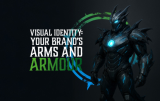 Iron Dragon Armour in a dark space with the title 'Visual Identity: Your Brand's Arms and Armour'