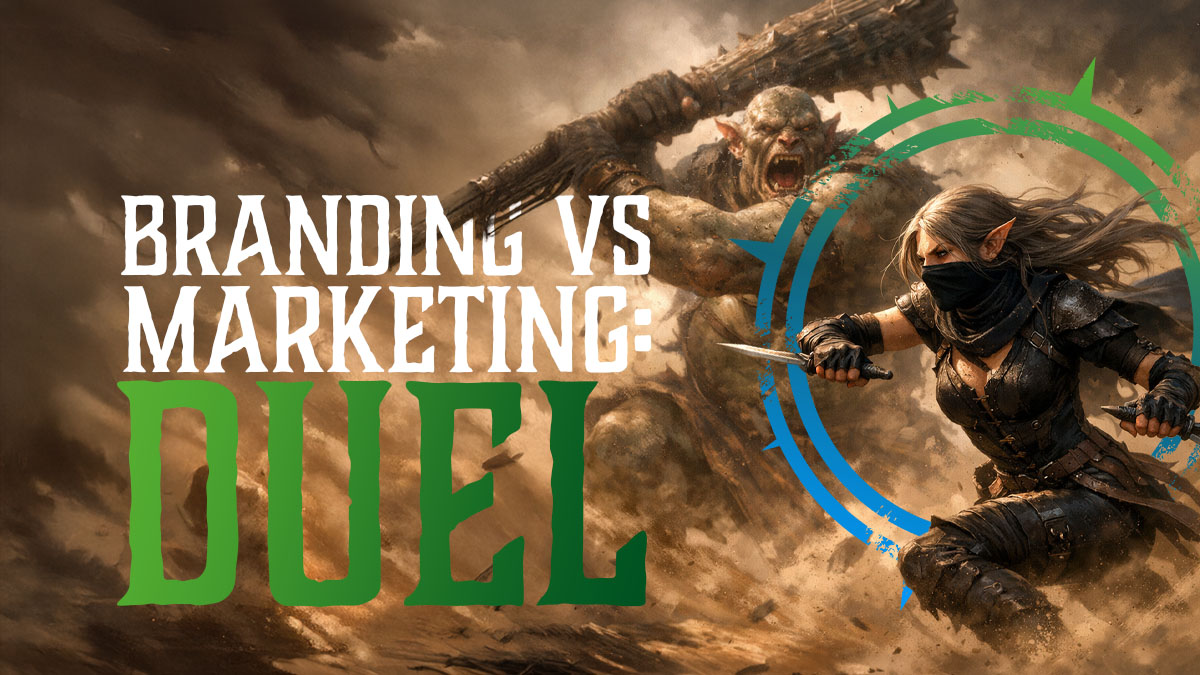 On Elf and an Ogre battle under the title 'Branding vs Marketing: Duel'