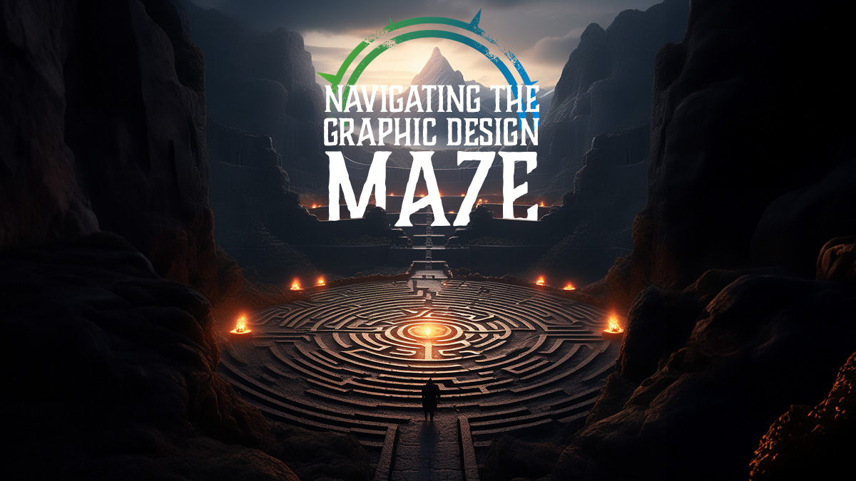 Navigating Graphic Design for Small business - title above a maze with a figure about to enter