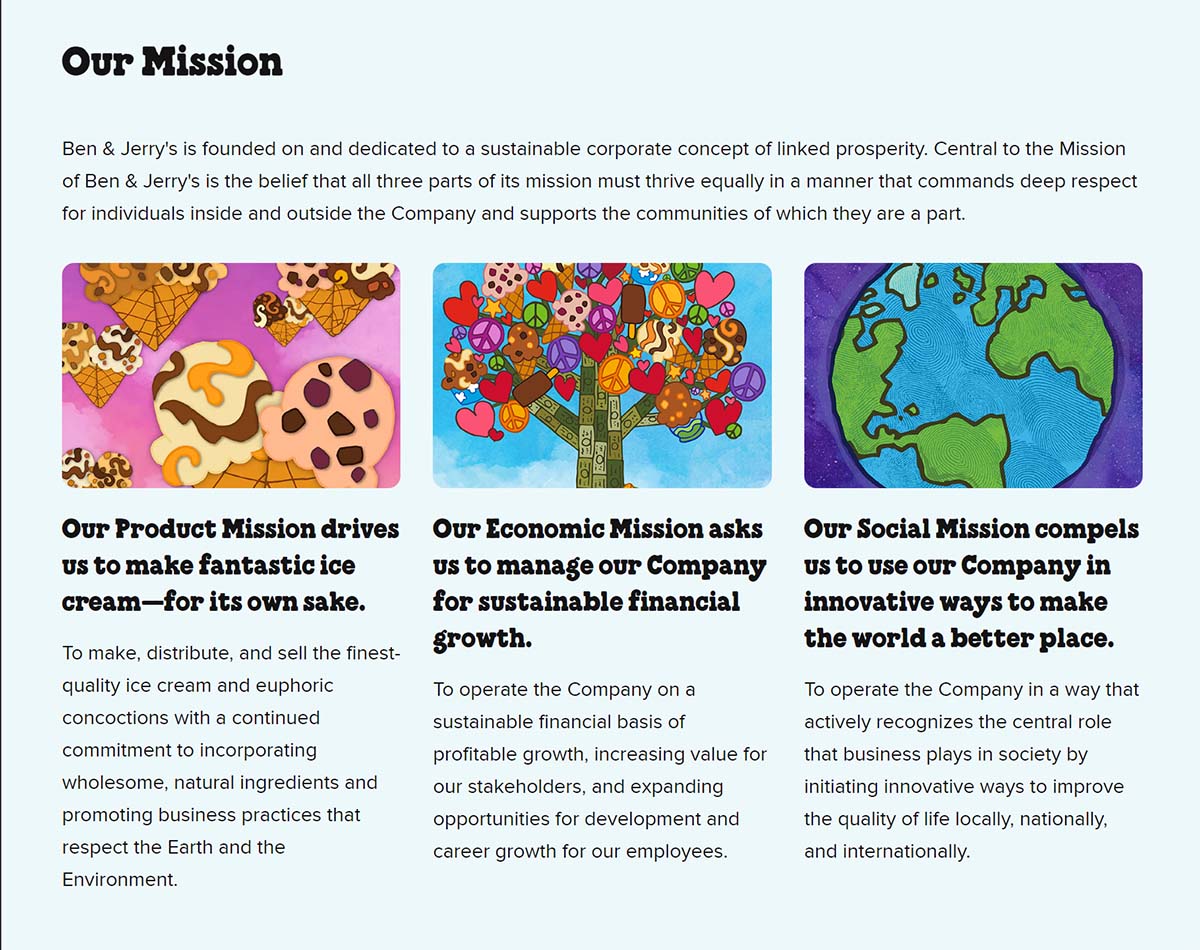 Ben & Jerry's Mission statements show their purpose-driven branding