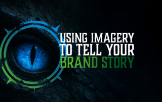 A bright blue dragon eye peering out of the darkness behind the title 'Using imagery to tell your brand story'