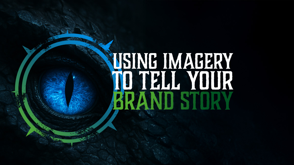 A bright blue dragon eye peering out of the darkness behind the title 'Using imagery to tell your brand story'