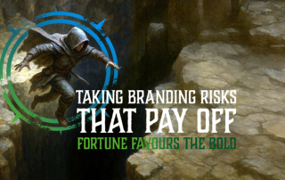 An adventurer leaps over a chasm with the title 'Taking BRanding Risks That Pay Off'