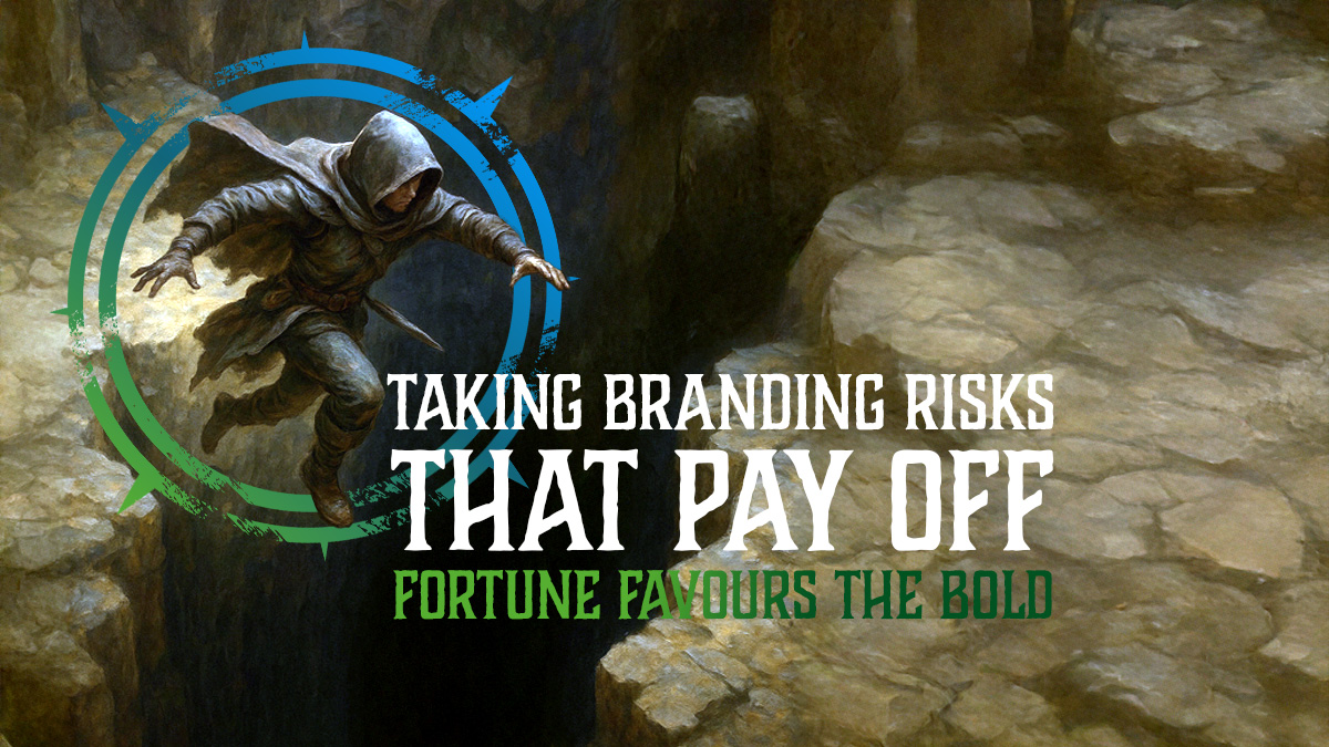 An adventurer leaps over a chasm with the title 'Taking BRanding Risks That Pay Off'