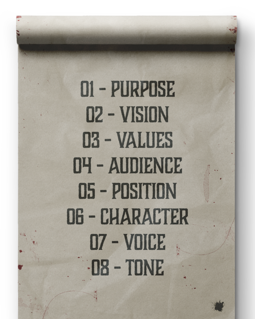 Eight Pillars Scroll Parchment with list of bBrand pillars for the Group brand strategy workshop